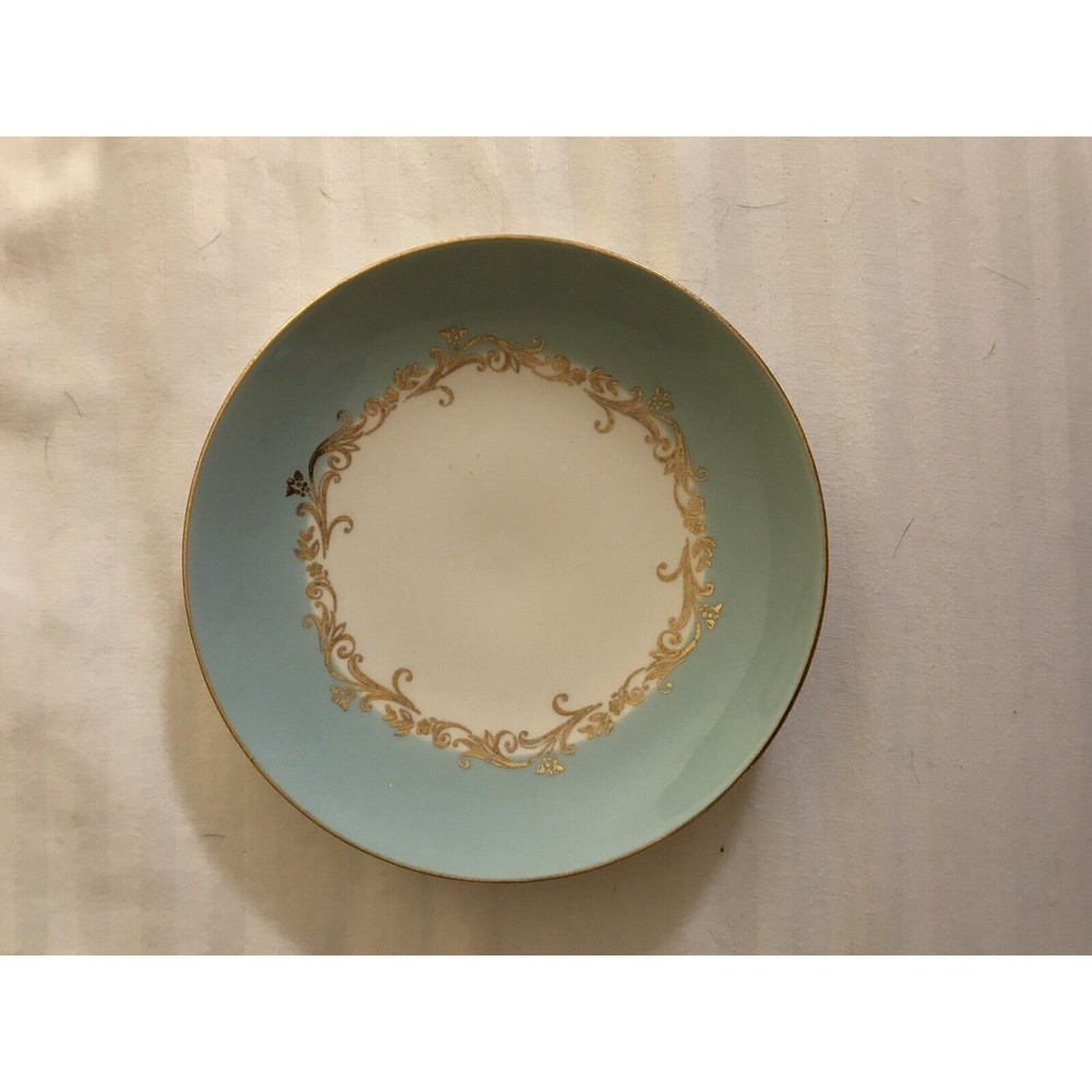 Vintage Lifetime China Co. Saucer Semi-Vitreous Gold Crown China Plate Teal/Gold